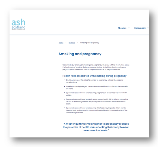 Screenshot of the ASH Scotland stop smoking charity website