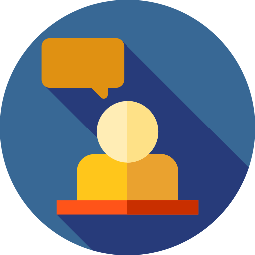 Image 1 of 5 Person sitting behind a desk with a speech bubble - confidence