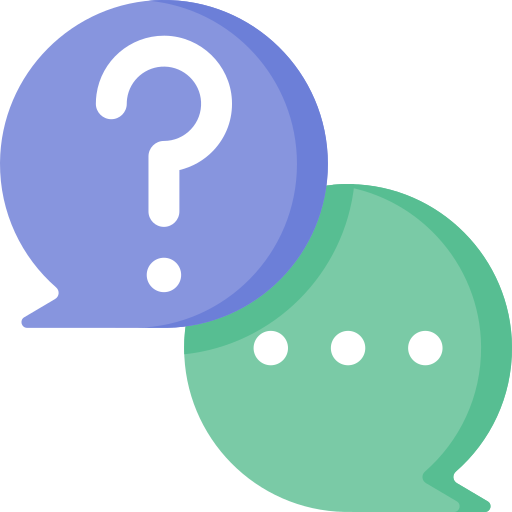 Speech bubbles, one with a question mark.