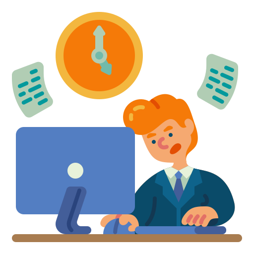 Person at a computer with clock and documents around them.