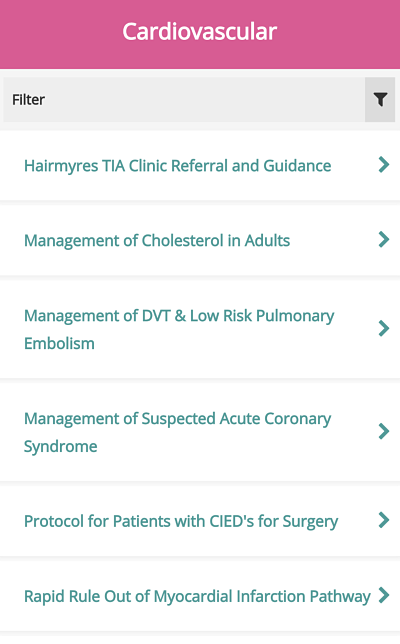 The filter functionality is available within NHSL Guidelines app in a shape of a filter box, where you type your keywords.