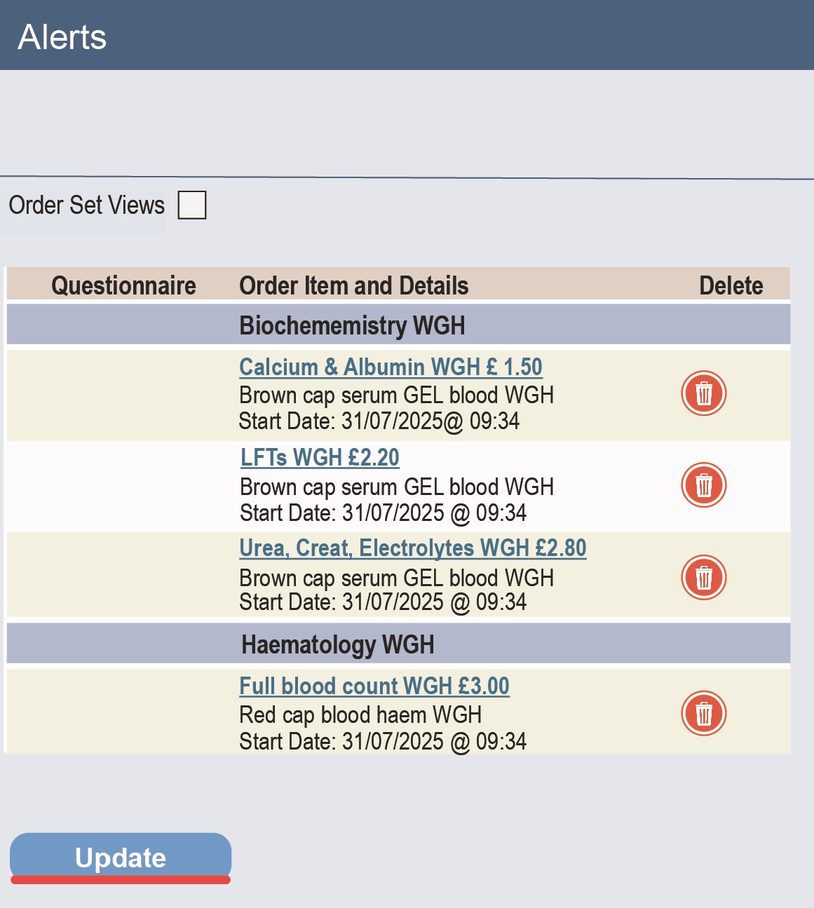 Screenshot of Preview of required tests