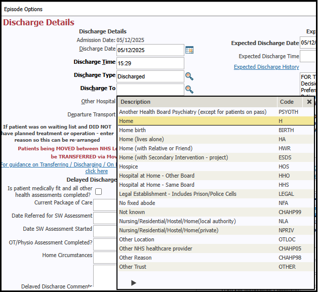 screenshot of Discharge details