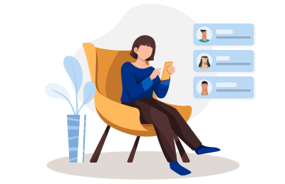 Person sitting in a chair looking at a tablet screen which shows contact details