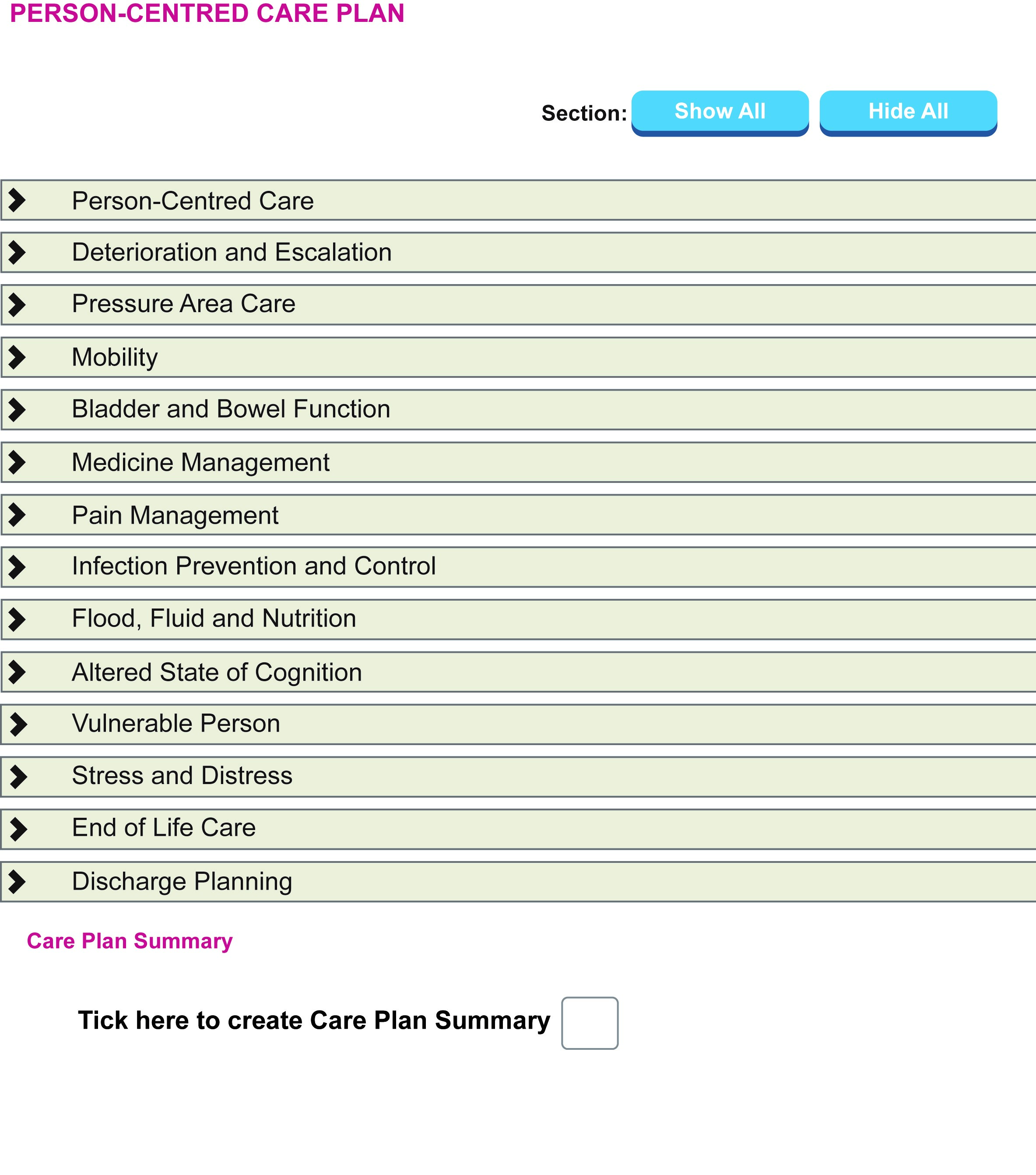 screenshot of person centred care plan