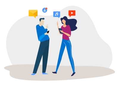 Two people on their mobile phones looking at messages, music and videos