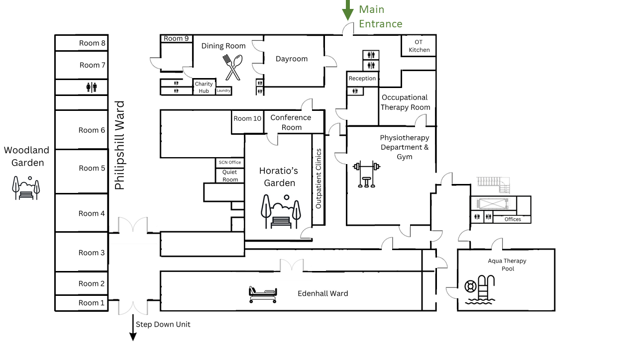 Image shows a floorplan of the Queen Elizabeth Spinal Injuries Unit