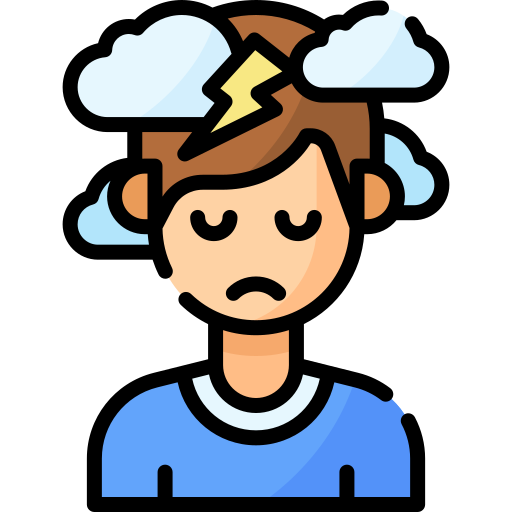 Sad child with clouds and lightening bolt around head