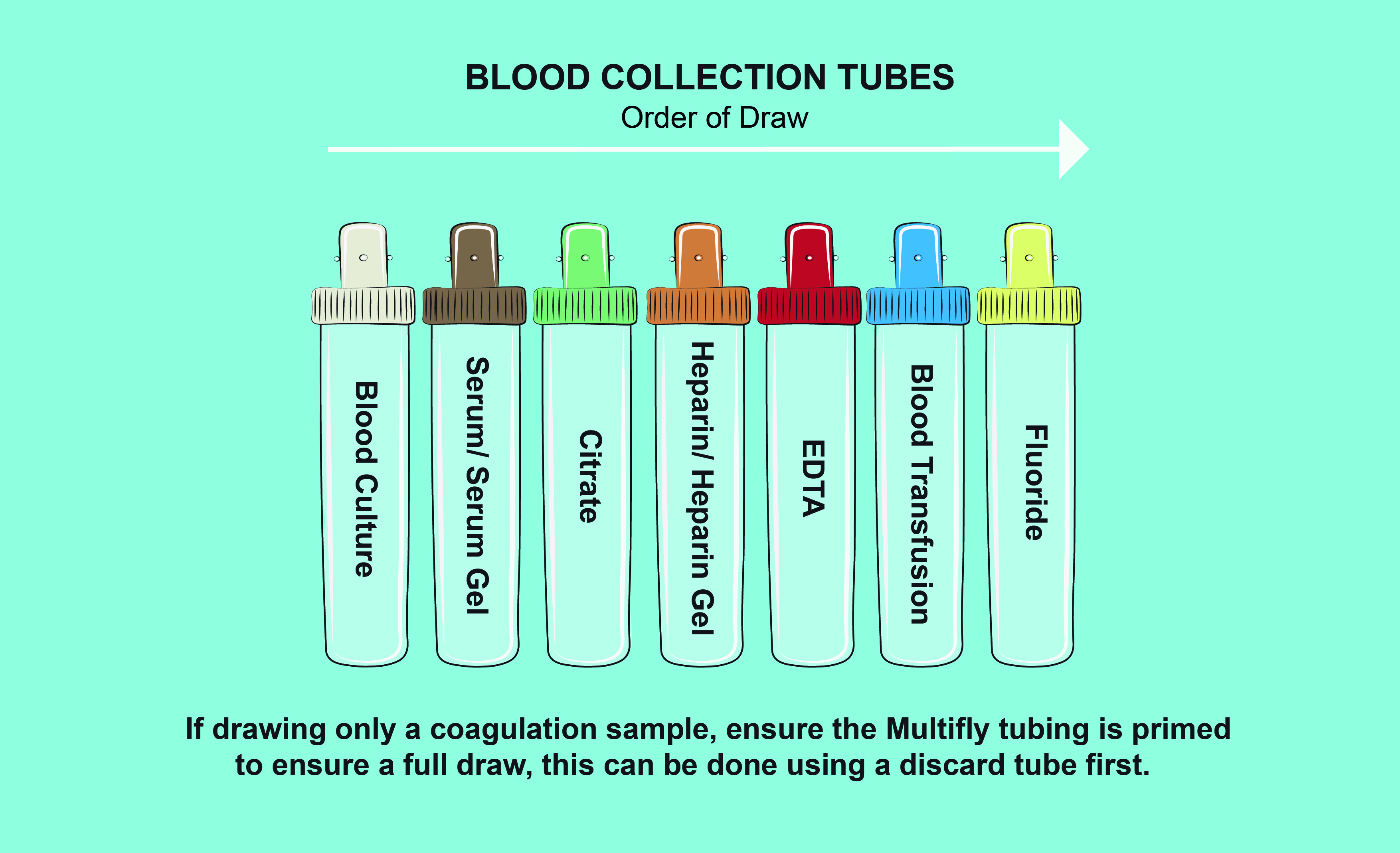 Coloured drawing showing the colour of the blood collection tubes