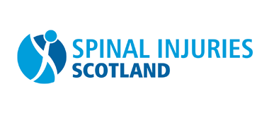 Logo for Spinal Injuries Scotland charity. The words "Spinal Injuries Scotland" is written in a bold blue font in all caps. To the left of the text there is a graphic of a blue circle divided into four segments. The gaps between the segments resembles a head and a spine.