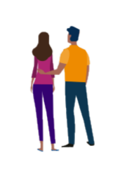 Two people standing, one has their arm around the waist of the other