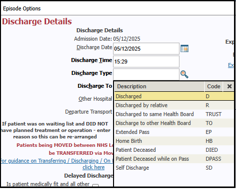 screenshot of Discharge details